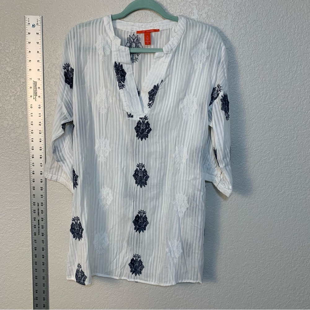 Women's sheer Striped tunic with embroidered Floral Accents